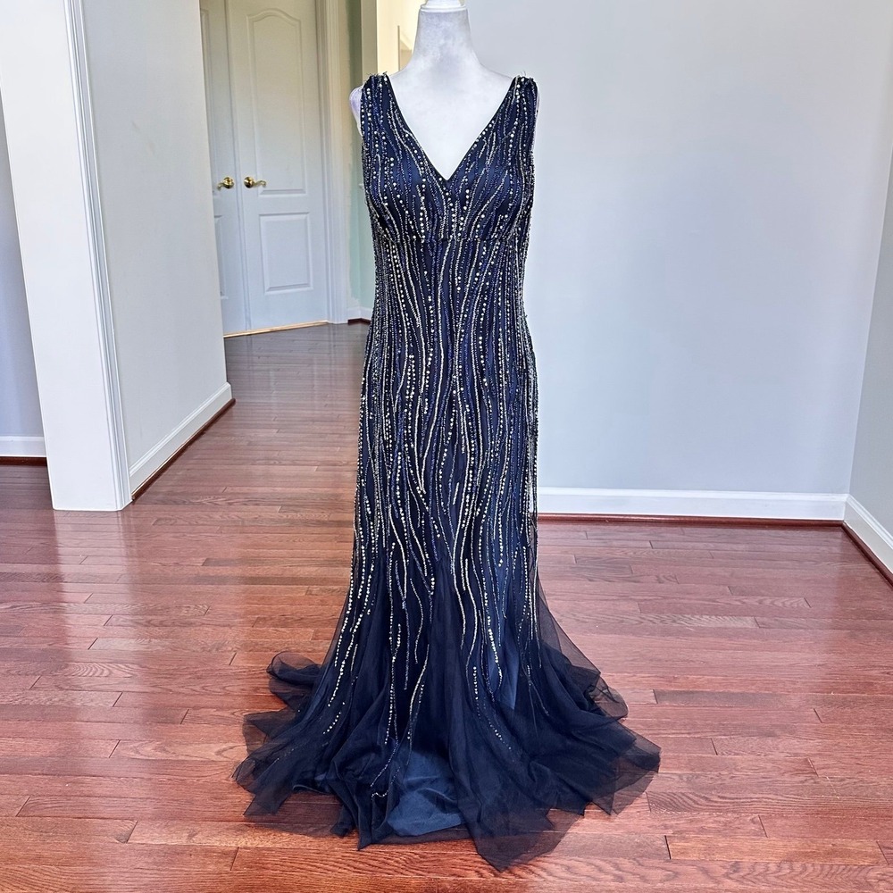 Luxury Pronovias Navy Blue Beaded Embellished Plunge Open Low Back Gown Dress